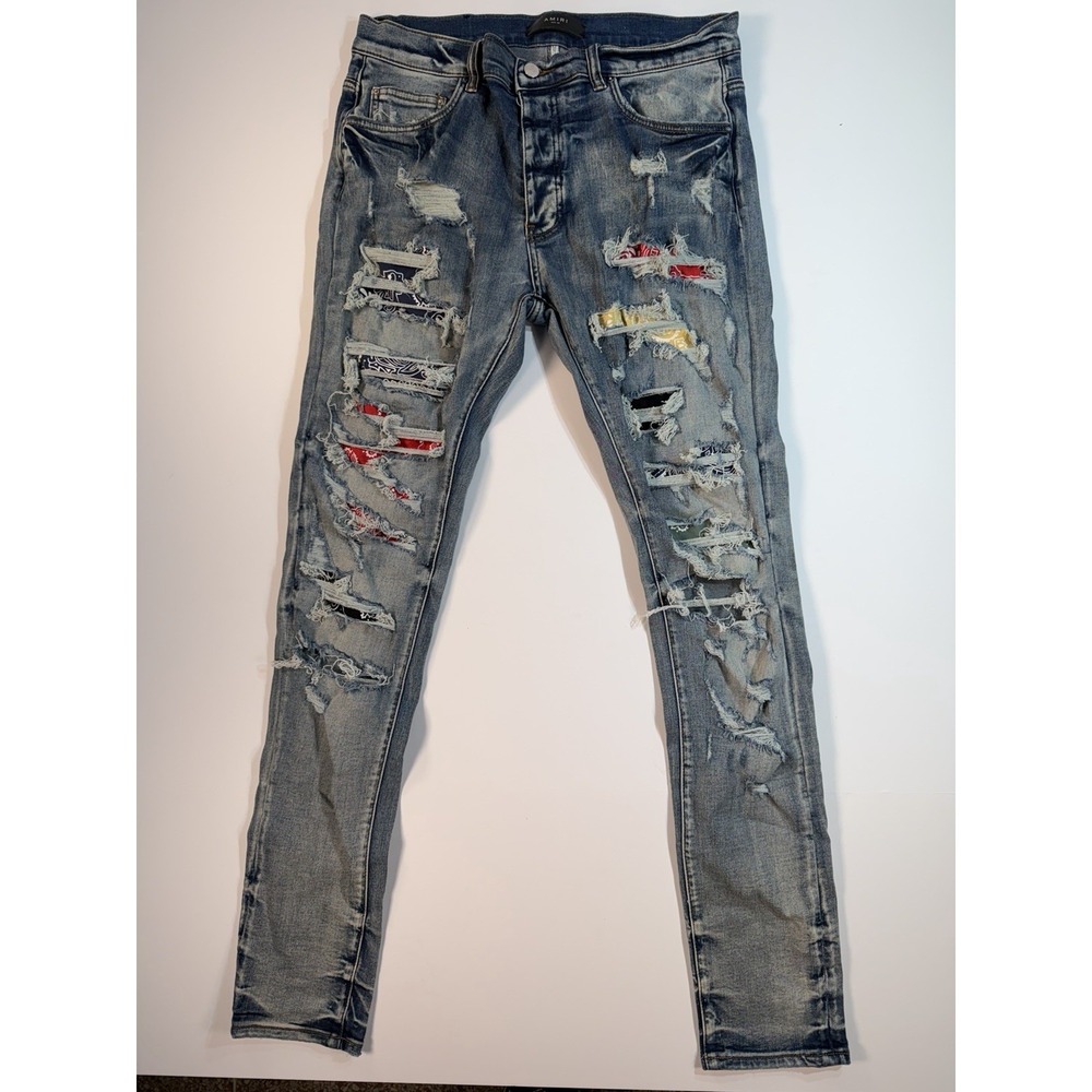 Amiri MX1 Distressed Jeans Bandana Patch Denim‎ Size 34 Made USA